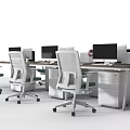 Modern Office Desk Workstation With White Ergonomic Chairs And Computer Monitors 3d model