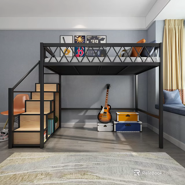 Modern Bunk Bed Interior With Black Metal Frame Storage Stairs Wooden Steps And Guitar 3d model 