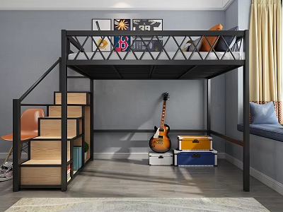 Modern Bunk Bed Interior With Black Metal Frame Storage Stairs Wooden Steps And Guitar 3d model