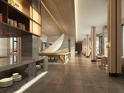 Modern Restaurant Interior With Wooden Ceiling Long Corridor And Seating Area 3d model
