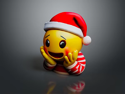 Yellow Smiling Emoji Wearing Santa Hat And Red White Striped Clothes With Hands On Cheeks 3d model