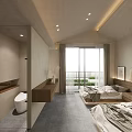 Hotel Guest Room With Twin Beds Wooden Headboard Pendant Lamp Nightstand And Natural Light