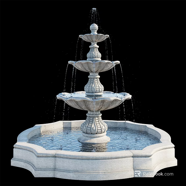 Multi Tiered Stone Fountain With Flowing Water And Circular Base Basin 3d model 