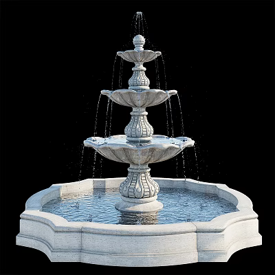 Multi Tiered Stone Fountain With Flowing Water And Circular Base Basin 3d model