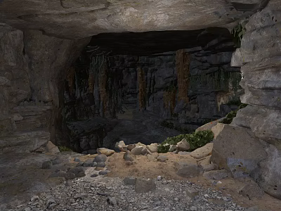 Scenic Cave Interior With Rock Formations Stalactites Stalagmites Ground Stones And Vegetation 3d model