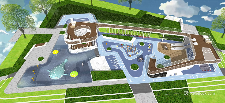Children's Play Area With Water Play Section Slides Climbing Frames Colorful Pathways And Green Lawns 3d model 