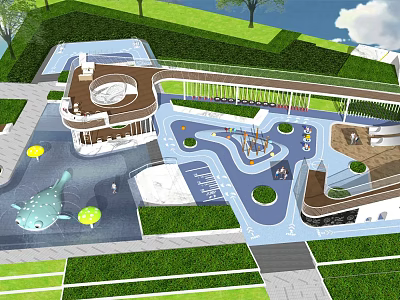 Children's Play Area With Water Play Section Slides Climbing Frames Colorful Pathways And Green Lawns 3d model