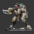 Sci-Fi Mechanical Warrior Sculpture with Detailed Armor Weapon Red White Accents on Snowy Base