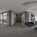 Modern Living And Dining Room Interior With Black Sofa Coffee Table Chairs Spiral Wall Art