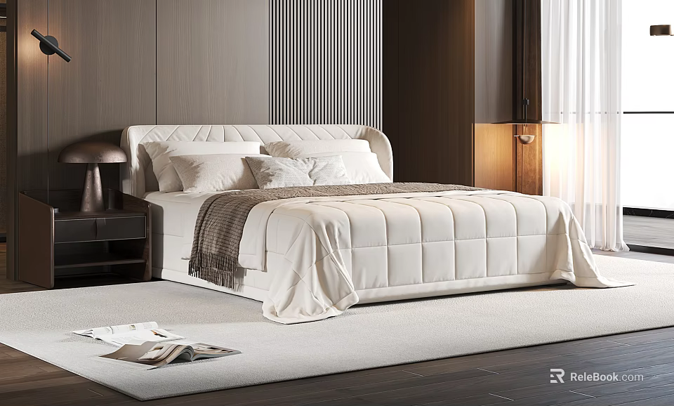 Modern Double Bed Interior With Upholstered Headboard White Bedding Soft Blanket Side Table And Lamp 3d model 