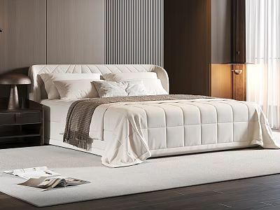 Modern Double Bed Interior With Upholstered Headboard White Bedding Soft Blanket Side Table And Lamp 3d model