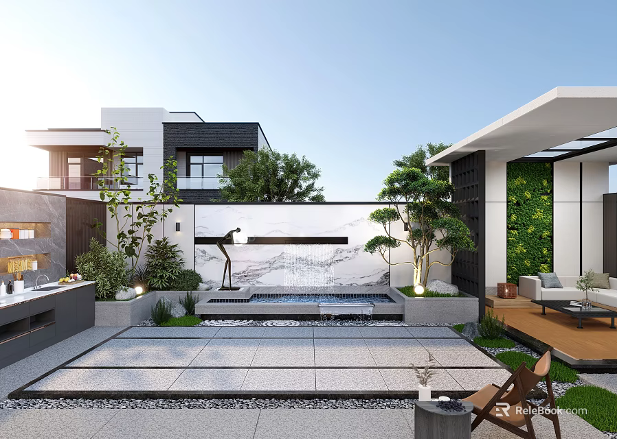 Modern Courtyard Garden Design With Water Feature Green Plants And Stone Patio 3d model 