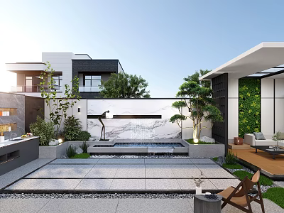 Modern Courtyard Garden Design With Water Feature Green Plants And Stone Patio 3d model