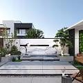 Modern Courtyard Garden Design With Water Feature Green Plants And Stone Patio