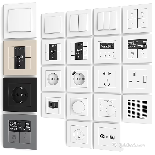 Assorted Electrical Switches And Sockets In White Black Beige With Functional Designs 3d model 
