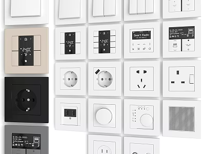 Assorted Electrical Switches And Sockets In White Black Beige With Functional Designs 3d model