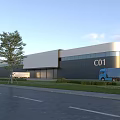 Modern Industrial Warehouse Labeled C01 With Trucks On Road And Trees By Lawn