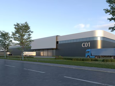 Modern Industrial Warehouse Labeled C01 With Trucks On Road And Trees By Lawn 3d model