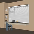 Modern Window Desk With Laptop Globe Lamp And Blue Chair Near Shelf