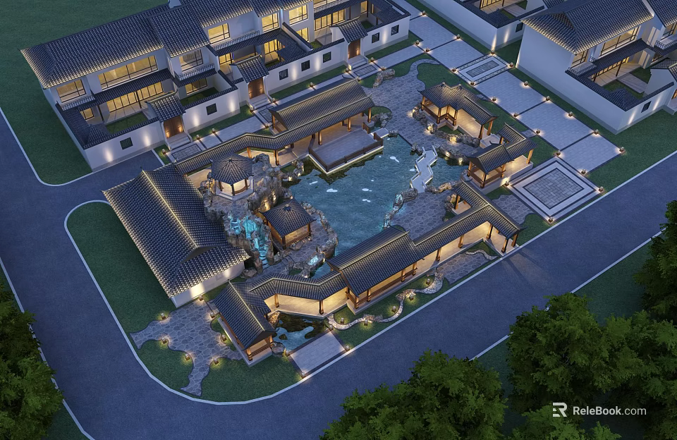 Traditional Chinese Garden Landscape With Central Pond Courtyard And Illuminated Architecture 3d model 