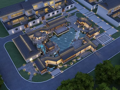 Traditional Chinese Garden Landscape With Central Pond Courtyard And Illuminated Architecture 3d model