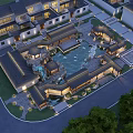 Traditional Chinese Garden Landscape With Central Pond Courtyard And Illuminated Architecture