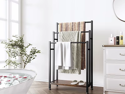 Stylish Black Metal Towel Rack In Modern Bathroom With Decorative Towels Slippers And Green Plant 3d model