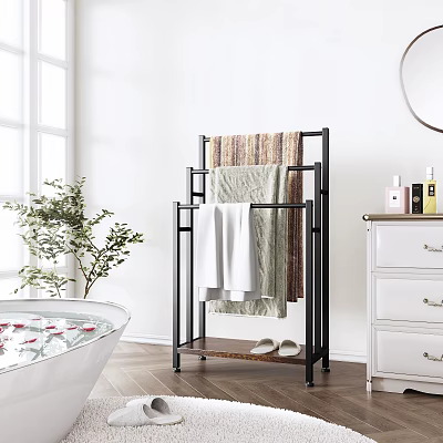 Stylish Black Metal Towel Rack In Modern Bathroom With Decorative Towels Slippers And Green Plant 3d model