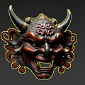 Traditional Horned Mask Sculpture With Intricate Carved Patterns Dark Red Brown Finish Handcrafted Artistic Design