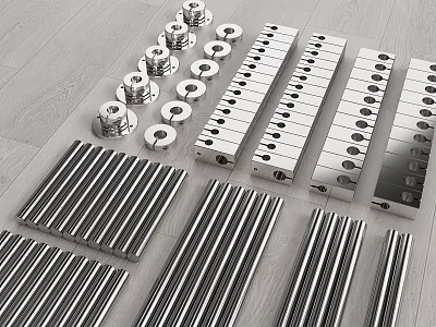 Silver Metal Parts Arrangement With Cylindrical Pieces And Long Strips 3d model