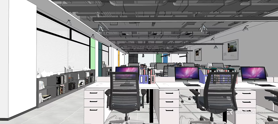 Open Layout Public Office Space With Desks Computers And Ergonomic Chairs 3d model 