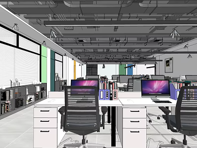 Open Layout Public Office Space With Desks Computers And Ergonomic Chairs 3d model