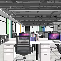 Open Layout Public Office Space With Desks Computers And Ergonomic Chairs 3d model