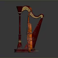 Classical Wooden String Musical Instruments Equipment Display With Harp Cello And Violin 3d model