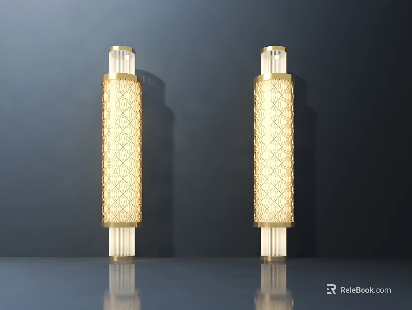 Two Modern Illuminated Wall Lamps Featuring Woven Texture and Transparent Base Against Dark Background 3d model 
