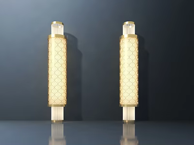 Two Modern Illuminated Wall Lamps Featuring Woven Texture and Transparent Base Against Dark Background 3d model