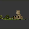 Miniature Church Model With Green Grass Trees Pathway And White Tower