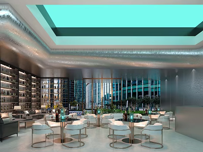 Modern Luxury Lounge Space With Blue Ceiling Bookshelves Sofas Green Plants And City View Windows 3d model