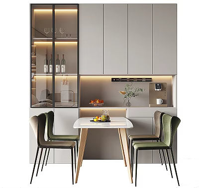 Modern Dining Table Set With Green Chairs Cabinet Fruit And Plant Decor 3d model