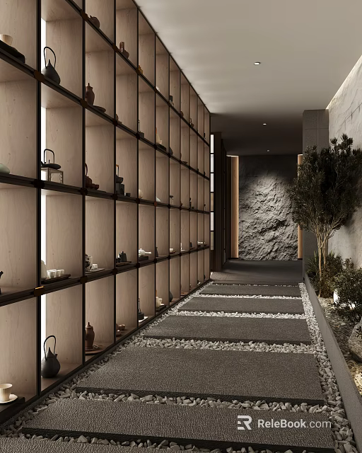Modern Clubhouse Interior With Wooden Shelves Stone Wall Pebble Path And Green Plants 3d model 