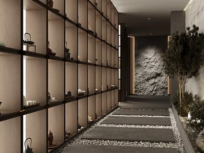 Modern Clubhouse Interior With Wooden Shelves Stone Wall Pebble Path And Green Plants 3d model