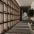 Modern Clubhouse Interior With Wooden Shelves Stone Wall Pebble Path And Green Plants