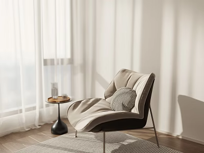 Sunlit Light Gray Leisure Chair With Pillow By Window With White Curtains And Round Table 3d model