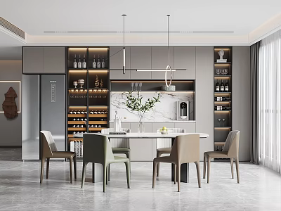 Elegant Luxury Restaurant Interior With Marble Top Dining Table Chairs Wine Cabinet And Hanging Lamps 3d model