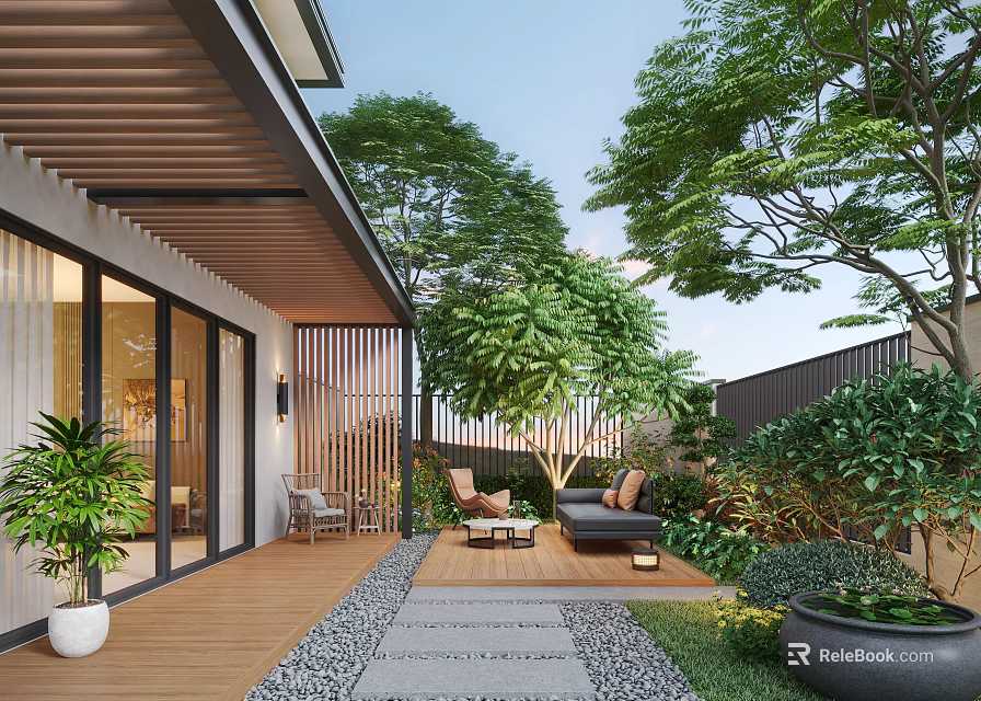 Modern Courtyard Garden With Wooden Deck Outdoor Sofa Chairs And Green Trees 3d model 