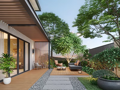 Modern Courtyard Garden With Wooden Deck Outdoor Sofa Chairs And Green Trees 3d model