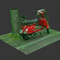 Red Scooter Parked Near Tree Stump With Fallen Leaves On Gray Pavement