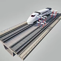 Railway Bridge Structure With High Speed Train On Tracks And Concrete Piers 3d model