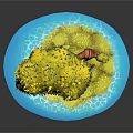 Vibrant Cartoon Scene With Unique Red Orange Tree Yellow Leaves Green Grass And Blue Water