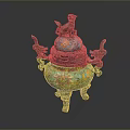 Traditional Chinese Enamel Incense Burner With Lion Shaped Lid And Dragon Handles